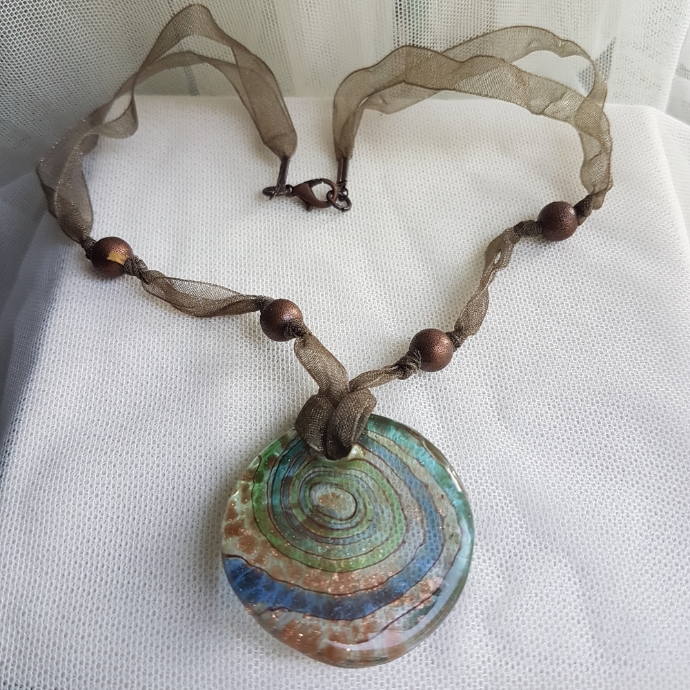 Murano Glass Pendant Choker Necklace in Neutral Colors on Organza Ribbon Cord - Picture 4 of 12